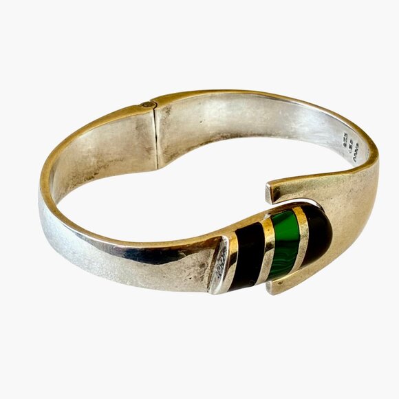 Sterling Silver 925 Bracelet Malachite + Onyx Hinged Bracelet Taxco Mexico 52 gr - Picture 12 of 16